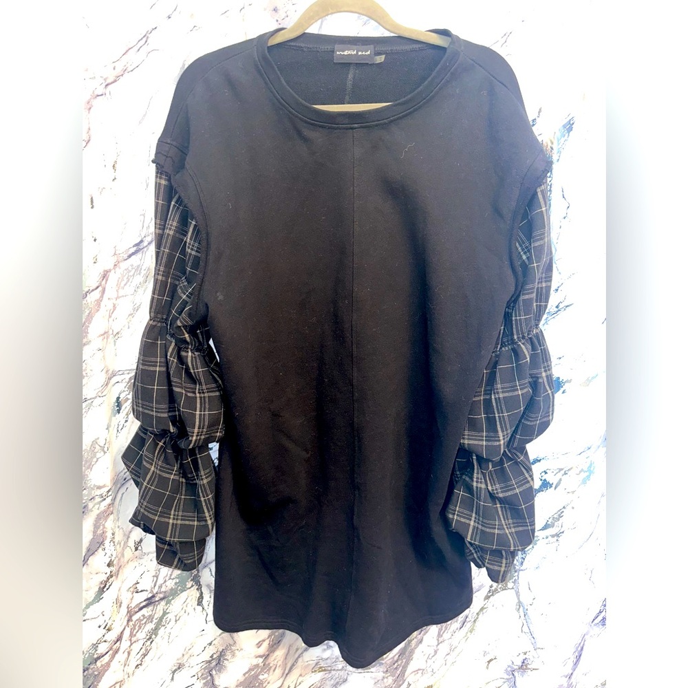 Y2K Mustard Seed Tunic Top with Plaid Ruffle Sleeves School Girlhoodcore women L